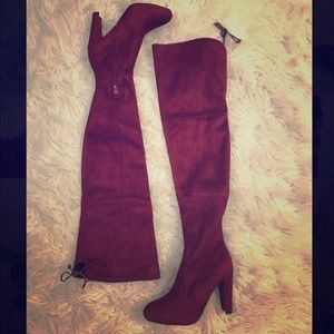 Burgundy Over the Knee Boot Heel